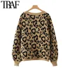 TRAF Moda Moda Leopardo Padrão Solto Cardigan Cardigan Sweater Vintage Lanterna Manga Feminina Outerwear Chique Tops 210914