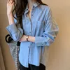 Primavera otoño mujeres doble bolsillo suelto camisa de mezclilla a rayas espalda blusa casual de un solo pecho más tamaño blusas mujer S298 210512