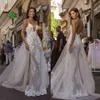 Berta Lace Mermaid Wedding Dresses Sheer V Neck Bridal Gowns With Detachable Train Beaded Backless Beach Tulle Vestido De Novia