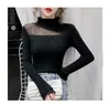 Herfst nieuw ontwerp vrouwen ruches stand kraag sexy gaas gepatchte strass glanzend bling gebreide bodycon sweater shirt knits tees SMLXL