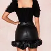 Women Vintage Elegant Black PU Skirts Fashion Faux Leather Bud Spring Pleated Sexy Party Short 210428