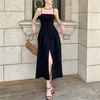 Vintage Women Three-dimensional Spaghetti Strap Dress Summer Slim Waist Female Split Dress Elegant Black A-line Vestidos 210514