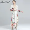 Fashion Designer Spring Elegant Party Dress Women Deep V-neck High waist Floral print Vintage Long Vacation 210524