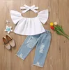 Set 3 pezzi per vestiti estivi per ragazza Top bianchi + Jeans strappati + Fasce per ragazze Completi per bambini Completi per bambini