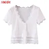 Tangada Women Lace Patchwork White T Shirt Short Sleeve Crop Tees Ladies Casual Tee Shirt Street Wear Top 1J10 210609