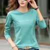 Brev broderi 2021 Autumn Cotton T Shirt Spring Women Long Sleeve Casual Red T Shirts Fashion O Neck Blue Gul Simple Tops 210317