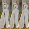 Сексуальный арабский Дубай изысканный кружевной белый белый выпускной платья высокая шея один плечо с длинным рукавом цветы формальное вечернее платье на боковых раскол одежды де Марие Vestidos