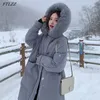 Invierno mujer grande piel artificial con capucha grueso largo abajo abrigo 90% pato blanco Parka cuerno botón nieve prendas de vestir 210430