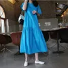 Summer Short Sleeve Blue Dress Women's Korean Version Loose Large Size Medium Length Ruffle Dresses 2D1666 210526