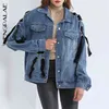 Jesień Damska Streetwear Kowbojska Kurtka Moda Lace Up Cross Tie Łuk Wash Water Loose Denim Coat ZT1498 210427