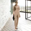 Hosenanzüge für Frauen Blazer Set Herbst Dame Business Büroarbeit Koreanischer Stil Uniform V-Ausschnitt Lange Jacke Elegante Hosen 210519