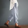 Autunno a righe in cotone lino Strechy elastico a vita alta Pantaloni larghi Pantaloni lunghi Capris casual da donna con tasche 210915