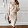 Höstens Kvinnors Stickning Tvådelar Klänning Kostym Turtleneck Solid Färg Pullover Tröja + Slim Skirt Två-Piece Set