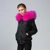 Lussuosa pelliccia di procione rosa con cappuccio e cappuccio da donna parka da neve Meifeng marca giacca in nylon bomber nero foderato in pelliccia di coniglio