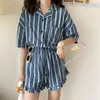 Случайные корейские летние полосатые шикарные винтажные All Match Walpwears свободные ретро короткие рукава домашняя одежда Pajamas наборы 210525