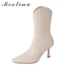 MEOTINA MID BOOTS Botas para mujer Zapatos de mujer de cuero real Talón alto Westren Botas puntiagudas Toe Stiletto Tacones Zip Damas Botas Beige 33-40 210520