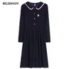 Mori Girl Spring Autumn Women Dress Sailor Collar Navy Blue Pink Femininos Vestidos Flare Sleeve Broderi Elegant Sweet 210520