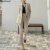 Office Workwear Mulheres Coreanas Blazer Pant Ternos Conjuntos Outono Duplo-Breasted + Calças Moda OL Estilo Trabalho 210513