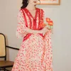 Fashion Summer Vintage Design Runway Dress Ladies Short Sleeve Floral Red Chiffon Pleated Dresses Femme Robe 210520