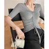 Летние Женщины Топ вязаный Drawstring Slim V-шеи Нижняя Рубашка с короткими рукавами Сплошная S T 210608