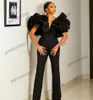 Mode Black Overall Prom Kleider ASO Ebi Arabic Rüschen v-Ausschnitt Afrikanische Abendkleider plus Größe