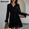 Beavant Tatil Katı Nokta Nakış Mini Elbise Kadın Puf Kollu Yüksek Bel Plaj Elbise Bahar Nedensel A-Line DressesVestido 210709