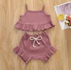 Kids Clothing Sets Summer Falbala Gallus Shorts Suit 2PCS Solid Knit Cotton Suits Girls Boutique Clothes 6Colors