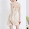 Khaki Gauze Lace Stitching Empire Bow Collar Long Sleeve Elegant Short Mini Dress Zipper Autumn Button Patchwork D0837 210514