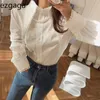 Ezgaga Blouse Women Turn-Down Collar Korean Chic Long Sleeve Lace Patchwork Loose Solid Ladies Shirts Elegant Fashion Blusas 210430