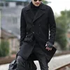 Мужская шерстяная смесь сплошной зимней траншеи пальто Мужская британский стиль повседневная двубортная тепловая куртка с длинным рукавом негабаритный мужской пальто