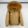 Janveny Winter Daunenjacke Frauen Wasserdichte Große Natürliche Waschbären Pelz Mit Kapuze Kurze Puffer Weiße Ente Mantel Weibliche Parkas 211011