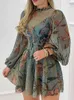 Shein Romwe Y2Ko-hals Floral Print Een lijn Lantaarn Mouw Shirred Ruches Midi Vestidos Elegante Party Dames Jurk G1214