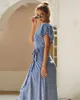 2021 Sommar Kvinnor Casual Ruffled Short-Sleeved Chiffon Dress V-Neck High Waist Floral Print Beach Midi Klänningar Baklösa Sexiga Vestidos 030401