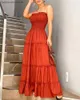 Women Solid Color StraplLong DrLayered Ruffles Design Bandeau Maxi Dress X0529