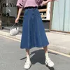 Pileli Midi Kot Etekler Kadın Mavi Boy Retro Harajuku Yüksek Bel Denim Etek Kadın S-5XL Faldas Femme 210506