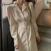 Yitimuceng vestidos largos para mujer fajas abotonadas elegante Midi vestido moda coreana Puff manga Oficina señora otoño primavera 210601