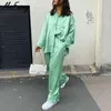 Msfancy Green Pant Suit z długim rękawem Bluzka Oversize Elastyczna Talia Szerokie Spodnie Nodawki Piżamy Kobiet 2 Sztuka Zestaw 210930