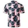 Pink Hawaiian Beach Short Sleeve Shirt Men Summer Fashion Palm Tree Print Tropical Aloha Shirts Mens Party Holiday Chemise 210522