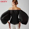 OOTN Sexy Slim Off Shoulder Women Shirt Blouses Lantern Sleeve Tunic Female Top Laides Shirt Pleated Elegant White Blouse Button 210326