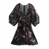 Printemps noir fleur imprimer Mini robes pour femmes Vintage nœud ceinture fête femme large manches bouffantes élégant Club 210430