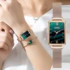 Montres féminines Fashion Square Ladies Quartz Watch Bracelet Set Simple Green Dial Rose Rose Gold Mesh Luxury