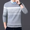 Autumn Winter Casual Brand Warm Pullovers Turn Down Shirt Collar Knit Pattern Outfits Sweater Coat Men