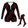 Valentines Day Jumpsuits Suit For Women Rompers 2023 Sexy V Neck Printed Bodysuits Long Sleeve Shorts And Sock Onesies Pajams Ladies Homewear S-XXL