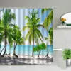 Cortinas de chuveiro luz solar praia folhas tropicais concha pássaro oceano cenário de cortina de pano impermeável com ganchos decoração de banheiro