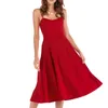 ドレスファッションエレガントな夏の赤いドレスボウノースリーブソリッドAラインセクシーレディース女性カジュアルミッドカーフ3334 50 210510