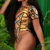 セクシーなジッパーアフリカのプリント2ピース水着の1つの水着女性の高カットひもブラジルプラスサイズの入浴スーツ210630