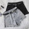 Ailegogo Summer Women High Waist Hole Blå Denim Shorts Casual Kvinna Solid Färg Frayed Black Jeans med Bälte 210714