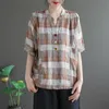 Verão Artes Estilo Mulheres V-Pescoço De Manga Curta Casual Camisas De Algodão Manta Linho Loose Blusas Plus Size Femme Tops M130 210512