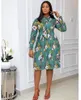 Women Printed Pleated Dress Long Sleeves With Bowtie Floral Knee Length Elegant Office Ladies Classy Fashion African Female Casual Dresses