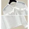 Jesień moda Zobacz przez eleganckie ruffled bow collar damskie topy koreański z długim rękawem biały szyfon bluzka Blusas 11149 210508
